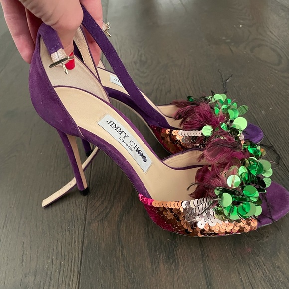 Gorgeous Jimmy Choo Annie NEW 36 purple sequin feather heel exotic - Picture 3 of 5